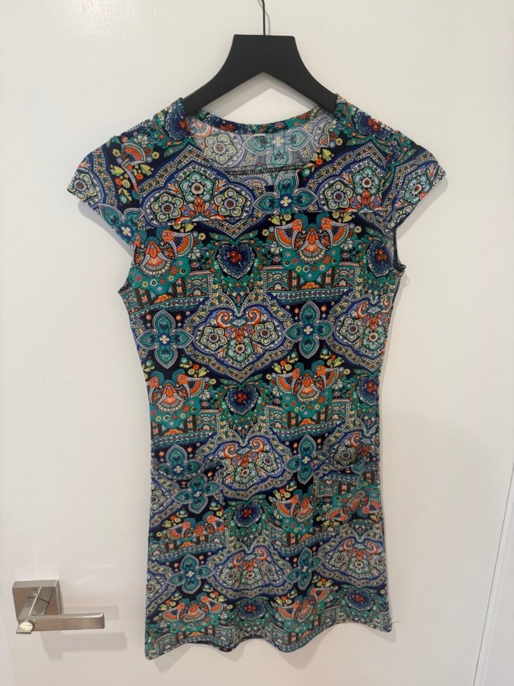 Paisley Print Bodycon Mini Dress Size S Teal Navy Boho Cap Sleeve